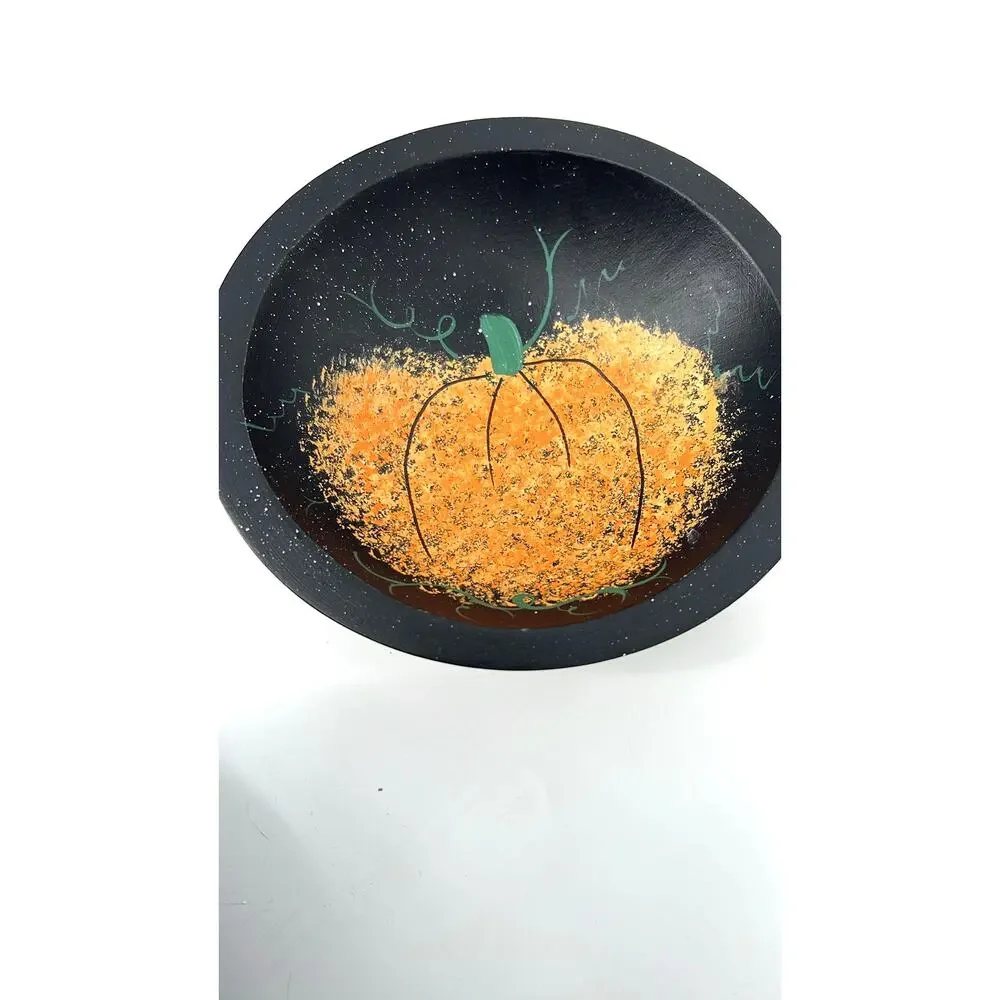 VTG 1999 Hand Painted Pumpkin Wooden Bowl Nicholas Street Collectible Folk Art